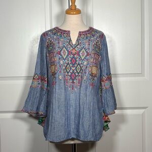 John Mark Embroidered Linen Mix Media Blouse